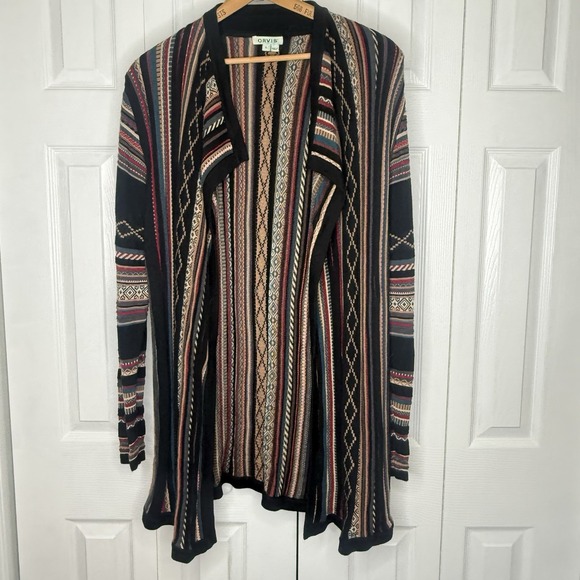 Orvis Womens Wool Open Front Cardigan Southwest Aztec Black Multi Size L - Picture 1 of 8